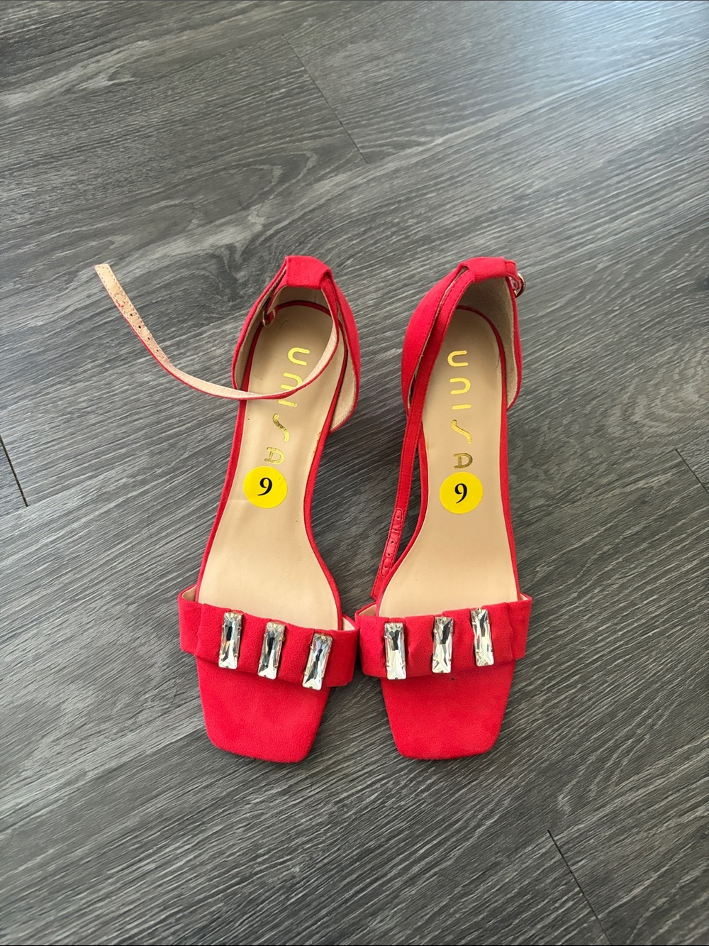 Unisa Red Crystal-Embellished Ankle-Strap Heels